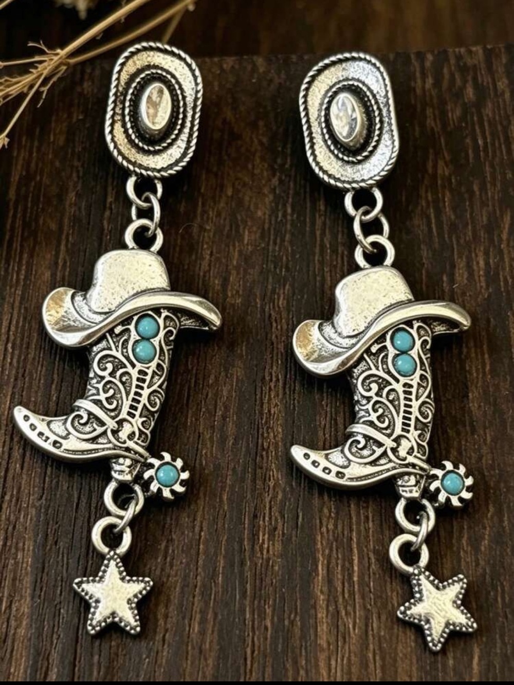 Western Turquoise Cowboy Boot Drop Earrings Silver Boho Cowgirl